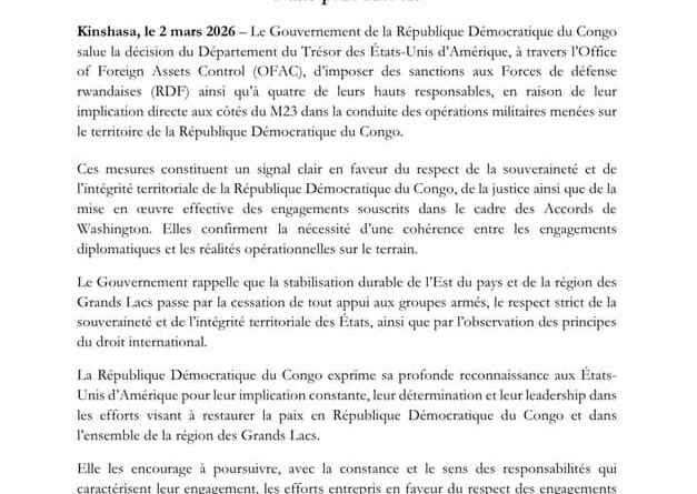 RDC : Kinshasa salue les sanctions américaines contre des responsables rwandais et réaffirme son engagement pour la paix