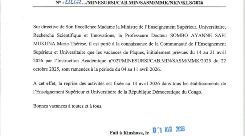 RDC : voici les dates des vacances des pâques aux universités