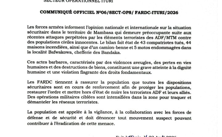 Ituri : 43 civils tués dans une attaque attribuée aux ADF MTM à Mambasa