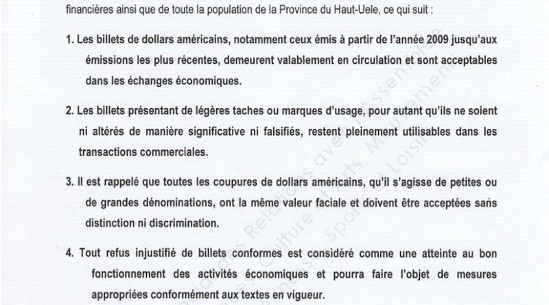 Haut-Uele : le gouvernement provincial met en garde contre le refus injustifié des billets de banque