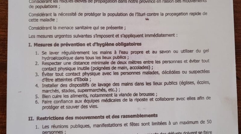 Ituri : le Gouverneur militaire annonce des mesures urgentes pour freiner la propagation de la 17ᵉ épidémie d’Ebola