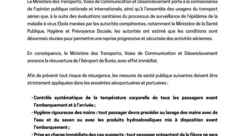 Ebola : le gouvernement rouvre l’aéroport de Bunia avec effet immédiat