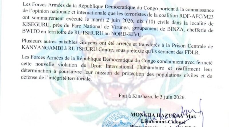 Nord-Kivu : les FARDC accusent le RDF-AFC/M23 d’avoir exécuté 10 civils à Rutshuru