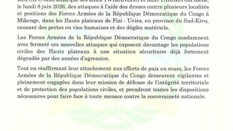 Sud-Kivu : les FARDC dénoncent de nouvelles attaques de la coalition RDF/AFC-M23 contre leurs positions à Mikenge
