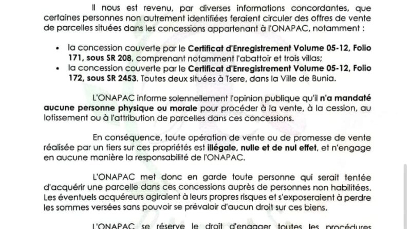 L’ONAPAC met en garde contre la vente frauduleuse de ses concessions foncières