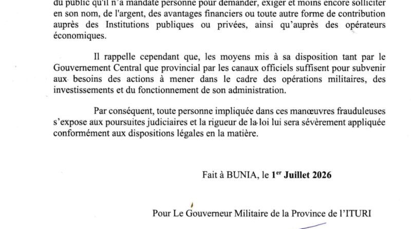 Ituri : le gouverneur militaire dénonce des escroqueries en son nom et appelle à la vigilance