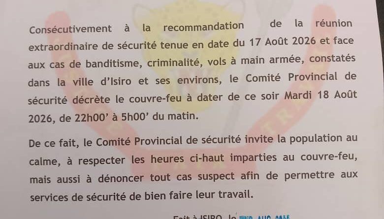 Haut-Uele : un couvre-feu instauré à Isiro face à la recrudescence de l’insécurité Photo de communiqué